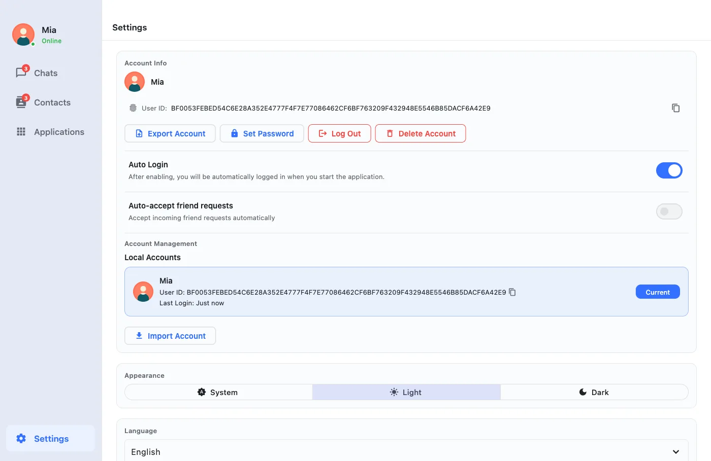 toxee settings: account, auto-login, theme and language