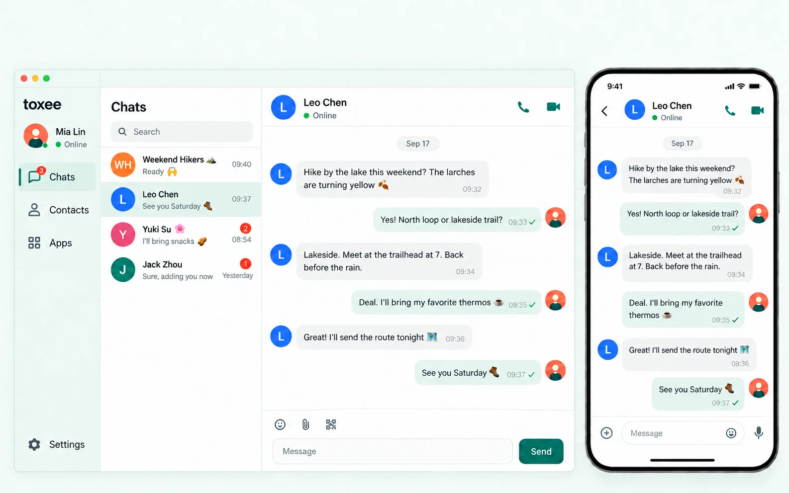 toxee on desktop and mobile: a conversation list and a chat window side by side